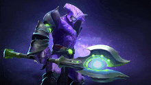 a purple monster with horns is holding a large sword
