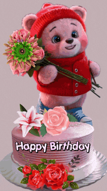 a teddy bear is holding a bouquet of flowers on top of a birthday cake that says happy birthday