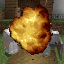 a pixel art of a person holding a sword and a large explosion in front of a clock that says 10:08