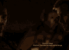 a video game character says " shepherd now take him back and let him go " in a dark room
