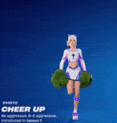 a cheerleader in a video game is holding green pom poms in her hands