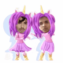 a man and a woman are dressed up as unicorns with their faces on their heads .