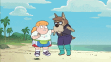 a cartoon of a girl and a dog standing on the beach