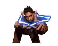a man in a brown jacket is pointing at the camera with a blue light coming out of his hands