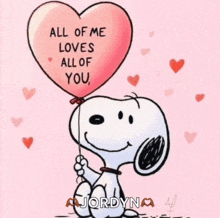 a cartoon of snoopy holding a heart shaped balloon that says all of me loves all of you