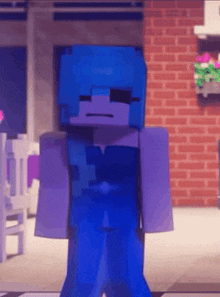 a blue and purple minecraft character wearing sunglasses stands in front of a brick wall