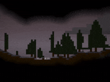 a pixel art of a snowy forest with trees and snow falling