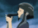a girl with short hair is holding a gun in her mouth with her eyes closed