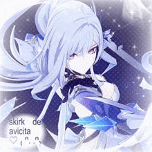 a drawing of a girl with a sword and the words skirk de avicita