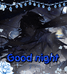 a picture of a man with the words good night written in blue