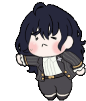 a cartoon drawing of a girl with long black hair and a striped jacket