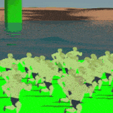a bunch of people running on a green background