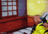 a cartoon of wolverine is laying on a bed in a room .