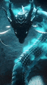 a dragon with blue flames coming out of its mouth is standing in the water .