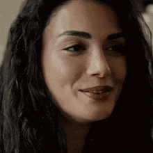 a close up of a woman 's face with long dark hair