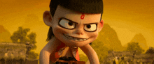a cartoon character with a red circle on his forehead is smiling
