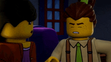 two lego figures are standing next to each other and one has suspenders on