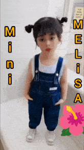 a little girl wearing overalls has the name melissa written on the side of her head