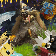 a picture of a bear surrounded by fish and flowers has the word picmix on the bottom