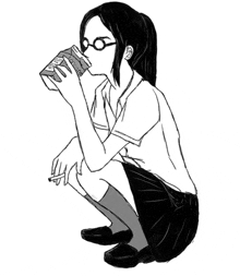 a black and white drawing of a girl drinking milk