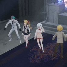 a group of anime characters are standing and sitting on a floor