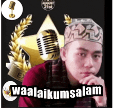 a picture of a man with a microphone and the words waalaikum salam