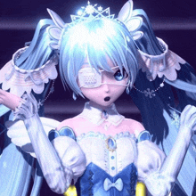 a girl with blue hair and a bandage on one eye