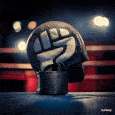 a boxing glove with a fist on it sits on the edge of a boxing ring