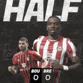 two soccer players are standing next to a scoreboard that says bou bre 0-0