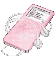 a pink ipod with white ear buds is playing a song called the sensation