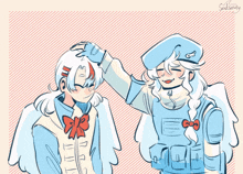 a drawing of a girl with wings petting another girl on the head