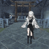 a girl with white hair and black boots is standing on a tiled floor
