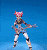 a cartoon character is holding a guitar in front of a blue backdrop