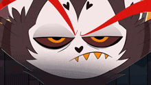 a close up of a cartoon character 's face with hearts on it 's face