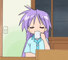a cartoon girl with purple hair is drinking from a cup