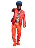 a pixelated image of a man wearing a red jacket orange pants and a blue hat