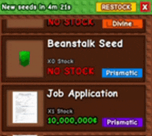 a screenshot of a game showing beanstalk seeds and job application