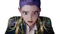 a cartoon character with purple hair and a blue jacket