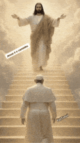 jesus is walking down the stairs with the pope