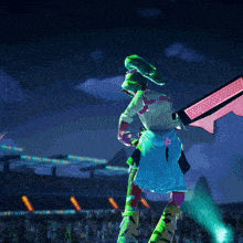 a cartoon character is holding a large pink sword
