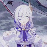 a cartoon girl with white hair and a purple bow tie is standing in front of a ship .