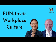 a man and a woman are sitting in front of a blue background with the words fun-tastic workplace culture on it