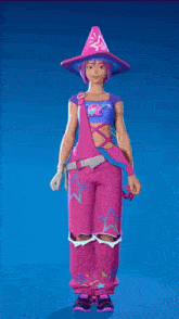a girl with purple hair is wearing a witch hat