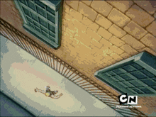 a cartoon shows a person falling off a balcony with the cn logo on the bottom