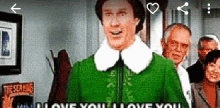 a man in a green outfit says " i love you "