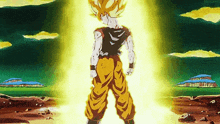 a cartoon character from dragon ball z is standing in a field with a yellow light coming out of his chest .