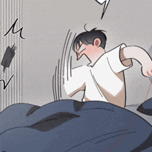 a cartoon drawing of a man laying on a bed with the letter m above him