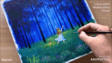 a person is painting a picture of a girl in a blue dress