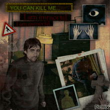 a man is standing in a dark room with a sign that says " you can kill me "