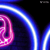 a neon sign with a skull and the word vita in the corner